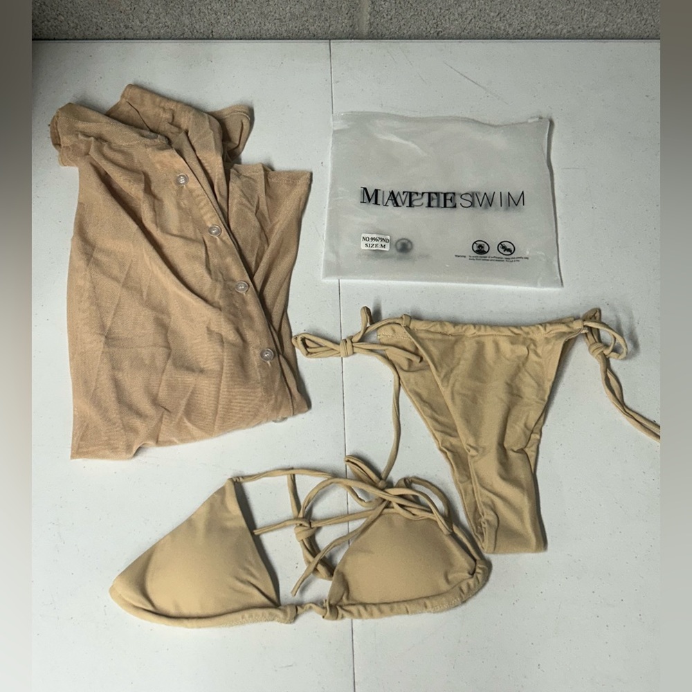 Matte Collection Tan 3 Pc Swim Set, Bikini & Coverup - Size Medium